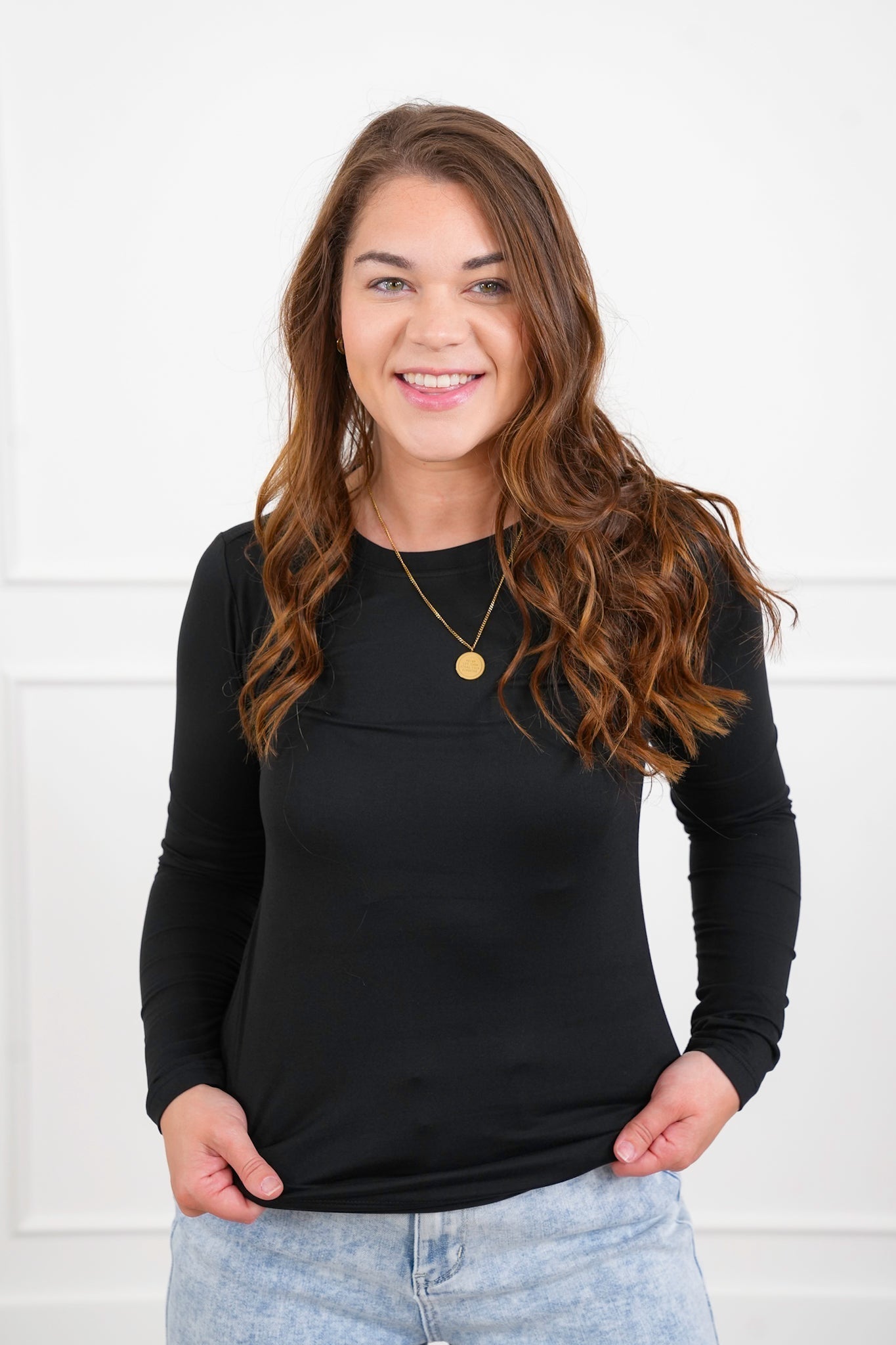 Langærmet T-shirt med rund halsudskæring i børstet mikrofiber