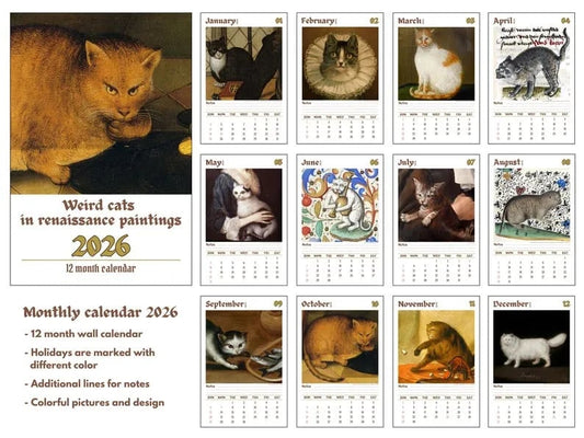 🔥Last Day 49% OFF - 🗓️🎨 Meet the Weird Cats in Renaissance Paintings 2026 Calendar