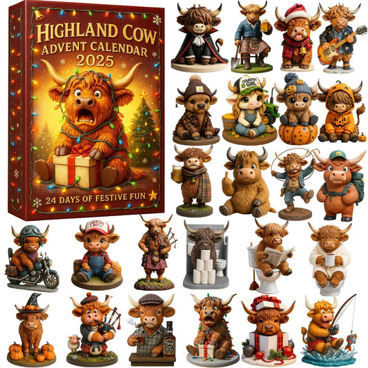 🐮Highland Kalyender 2025🎄✨ - 3D Håndlavet Highland Cow Dukke (24 stk.)